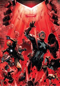 Superheroes in dramatic battle against a villain.