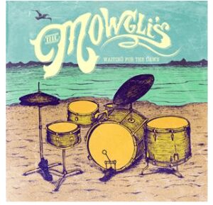 Drum set on a beach, album cover design.