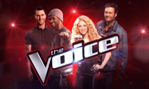 "The Voice" logo with four judges.