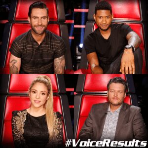 Four celebrity judges sitting in red chairs.