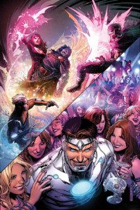 Superheroes battling and enjoying a party scene.