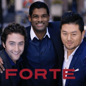 Three men smiling together, text "FORTE" at bottom.