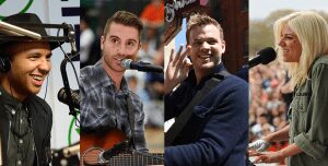 Four musicians performing and singing together.