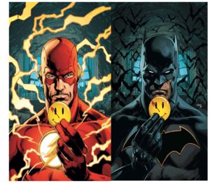 Flash and Batman holding a smiley face.
