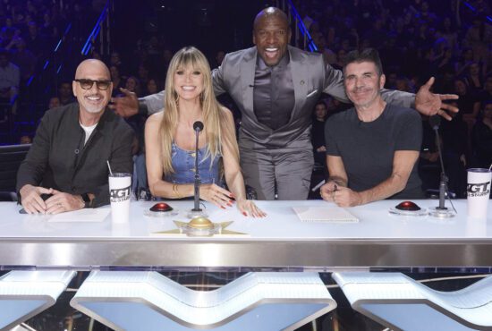 Howie, Heidi, Terry, and Simon pose together during a taping of AGT: All-Stars. (Photo property of NBC's Trae Patton)