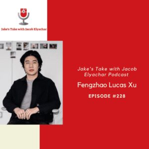 Portrait of podcast guest seated with red background
