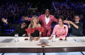 Howie, Heidi, Terry, Mel B, and Simon pose together during the taping of 'AGT: Fantasy League' semifinals. (Photo property of NBC)