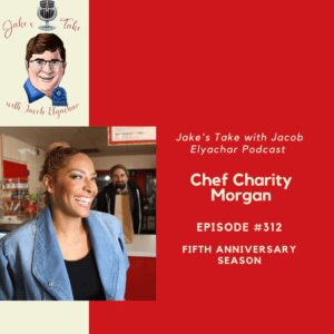 Smiling chef on red podcast promotional graphic