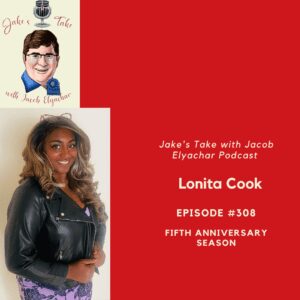 Smiling woman in leather jacket podcast artwork