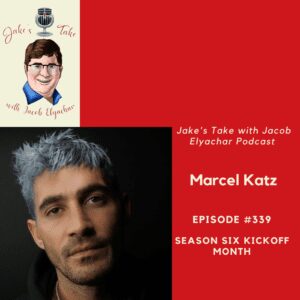 Podcast guest portrait with red layout