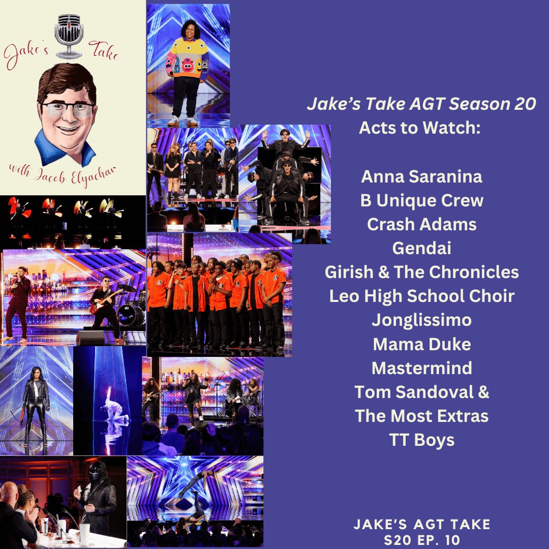 Anna Sariana, B Unique Crew, Crash Adams, Gendai, Girish & the Chronicles, Leo High School Choir, Jonglissimo, Mama Duke, Mastermind, Tom Sandoval and the Most Extras, and the TT Boys are the Season 20 acts that received the Jake's Take with Jacob Elyachar Stamp of Approval. (Photos property of NBC & graphics property of Jake's Take with Jacob Elyachar)