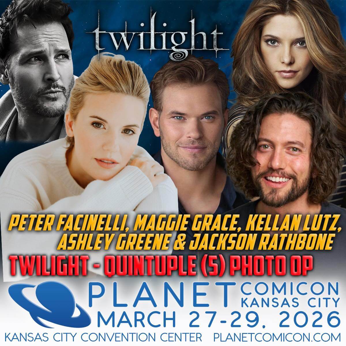 Twlight actors Peter Facinelli, Maggie Grace, Kellan Lutz, Ashley Greene & Jackson Rathborne will give fans to celebrate the romantic horror franchise. (Artwork property of Planet Comicon Kansas City)